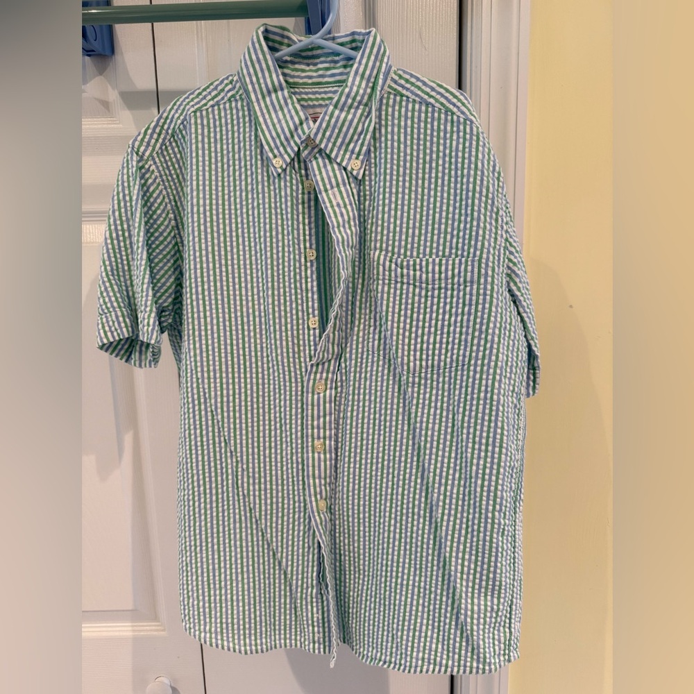 Talbots Kids-  Boys Seersucker Short Sleeve Shirt, Blue/Green, Size 12